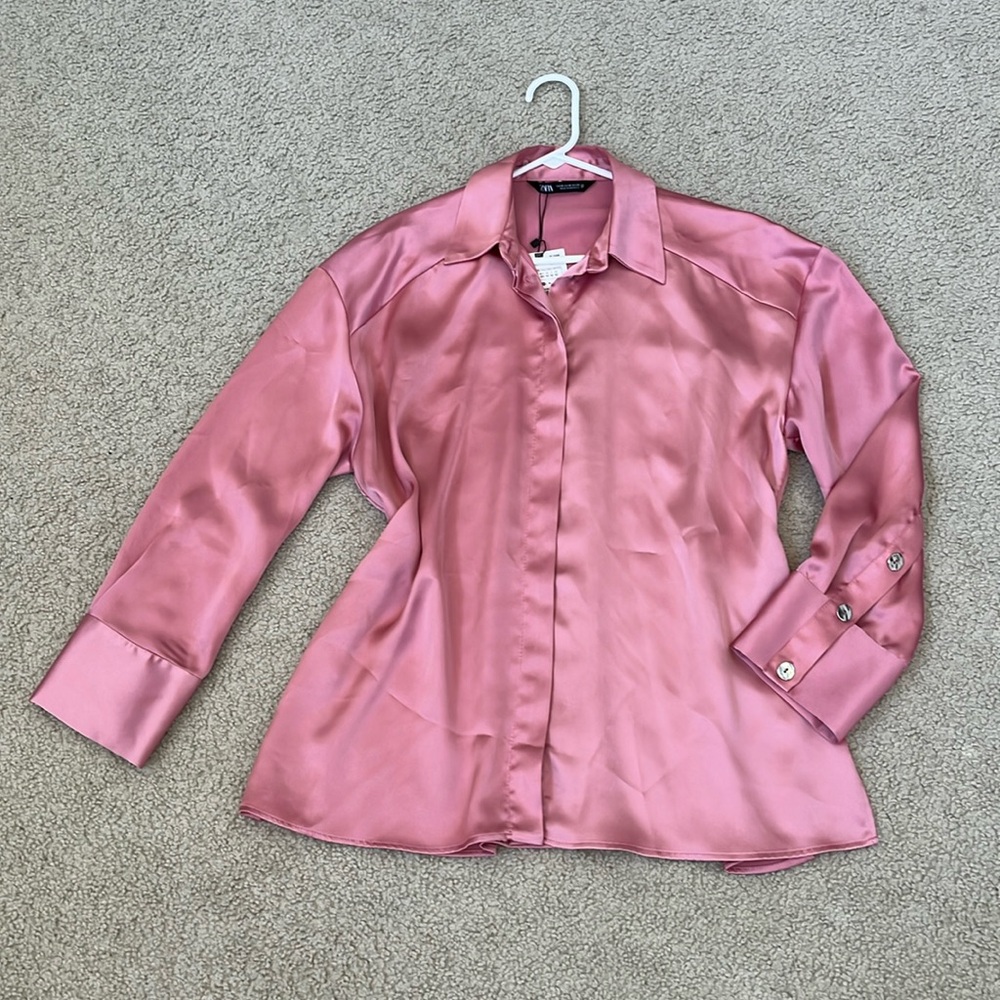Zara Pink Satin Button Blouse Shirt Top M